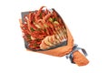 Delicious gift to a friend in the form of a bouquet of boiled crawfish, shrimps and crab on a white background