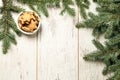 Delicious ginger biscuits. Fir branch. NewYear. Light background Royalty Free Stock Photo