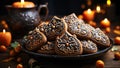 Delicious gingerbread cookies with burning candles on table