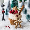 A delicious gingerbread cupcake with gingerbread cookies and berries.