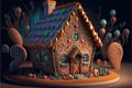 Delicious gingerbread house with icing and candy