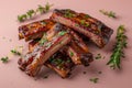 Delicious Glazed Barbecue Ribs Garnished with Fresh Herbs on Pink Background, Perfect for Menu Design and Food Blogs