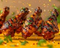 Delicious Glazed BBQ Chicken Drumsticks with Sesame and Herbs on Vibrant Yellow Background