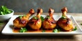 Delicious glazed chicken drumsticks on a white rectangular plate with fresh herbs. Generative AI Royalty Free Stock Photo