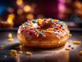 Delicious glazed doughnut, fried dough pastry coated in a sweet, vanilla glaze, donut dessert