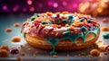 Delicious glazed doughnut, fried dough pastry coated in a sweet, vanilla glaze, donut dessert
