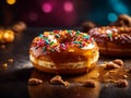 Delicious glazed doughnut, fried dough pastry coated in a sweet, vanilla glaze, donut dessert