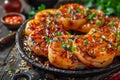 Delicious Glazed Grilled Chicken Thighs with Sesame Seeds and Green Onions on Rustic Wooden Background