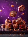 Delicious Glazed Pork Belly Pieces Levitating with Crispy Crust, Falling Spices, on a Stunning Violet Background