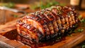 Delicious Glazed Roasted Ham on Wooden Board with Herbs and Honey Drizzle, Festive Dinner