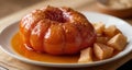 Delicious glazed roasted pumpkin with caramelized onions and potatoes