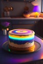 Delicious glowing galaxy cake on a dining table in the kitchen, comfortable light ,romantic light, ultra details ,photorealistic,