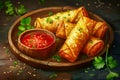 Delicious Golden Brown Fried Spring Rolls with Fresh Parsley and Spicy Dipping Sauce on a Wooden Plate and Rustic Table Background Royalty Free Stock Photo
