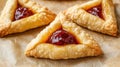 Close up of Hamantaschen Cookies Filled With Fruit Jam on Brown Parchment Paper Royalty Free Stock Photo