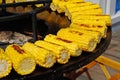 Delicious golden corns on barbecue fire bowl