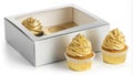 Delicious golden cupcakes with silver gift box on white background Royalty Free Stock Photo