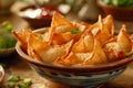 Delicious Golden Fried Samosas in a Traditional Bowl with Chutney on a Rustic Kitchen Table Setting