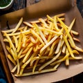 Delicious golden fries arranged on a kraft baking sheet