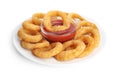 Delicious golden onion rings with ketchup isolated Royalty Free Stock Photo