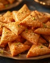 Delicious Golden Sesame Sprinkled Samosas on a Plate with Scattered Green Garnishing