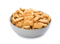 Delicious goldfish crackers in bowl isolated Royalty Free Stock Photo