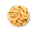 Delicious goldfish crackers in bowl isolated Royalty Free Stock Photo
