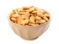 Delicious goldfish crackers in bowl isolated Royalty Free Stock Photo