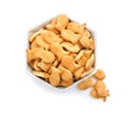 Delicious goldfish crackers in bowl isolated Royalty Free Stock Photo