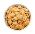 Delicious goldfish crackers in bowl isolated, top view