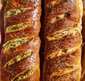 Delicious good looking homemade bread stuffed pastry with golden crust and seeds for a healthy carbohydrate meal or snack