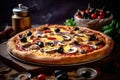 Delicious gourmet American pizza with mushrooms, pepperoni, and black olives.