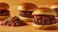 Delicious Gourmet Beef Burgers with Fresh Homemade Salsa on Wooden Table, Fast Food Concept with Copy Space