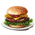 Delicious Gourmet Burger with Corn and BBQ Sauce on a Plate Royalty Free Stock Photo