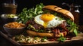 Gourmet burger with fried egg and crispy bacon. Generative AI