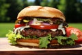 Delicious Gourmet Burger. Juicy Beef Patty, Fresh Lettuce, Ripe Tomatoes, Melted Cheese