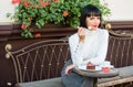 Delicious gourmet cake. Pamper yourself. Girl relax cafe with cake dessert. Woman attractive elegant brunette eat Royalty Free Stock Photo