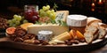 Delicious Gourmet Cheese Board with Assorted French Cheeses, Fruits, and Bread AI Generated