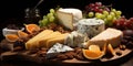 Delicious Gourmet Cheese Board with Assorted French Cheeses, Fruits, and Bread AI Generated