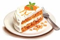 Delicious Gourmet Creamy Carrot Cake Slice on White Plate with Homemade Cream Cheese Icing, A Tasty Homemade Dessert Royalty Free Stock Photo