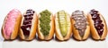 Delicious gourmet french hot dogs with a variety of sauces, isolated on white background