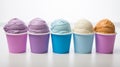 Delicious gourmet italian sorbet ice cream flavors served in individual paper cups, top view Royalty Free Stock Photo