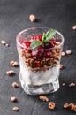 Delicious granola with yogurt and cherry in glass on black background. Royalty Free Stock Photo