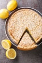 Delicious grated pie with lemon curd close-up in a plate. Vertical top view