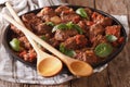 Delicious Greek food: stifado beef with sauce and basil close up