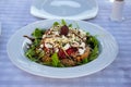 Delicious greek mediterranean meal with salad vergetables very healthy and herbal at a traditional tavern table behind crystal