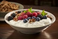 Delicious Greek Yogurt Bowl with Assorted Nut Medley and Vibrant Fresh Berry Topping, Ai Generated