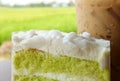 Delicious green chiffon cake or coconut pandan cake with iced coffee on the table. Royalty Free Stock Photo