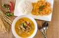 Delicious green curry with pork omelet and cooked rice,Thai food style Royalty Free Stock Photo
