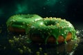 Delicious green donuts on black background. Generative AI