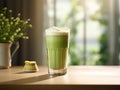 Delicious green matcha latte tea in a tall glass. Aromatic refreshing green mint smoothie in a glass. Generative AI Royalty Free Stock Photo